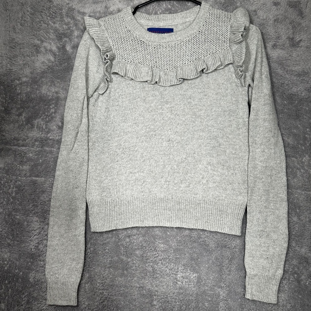 Aeropostale Ruffle Yoke Sweater Women S Grey Pointelle Mesh Long Sleeve Pullover